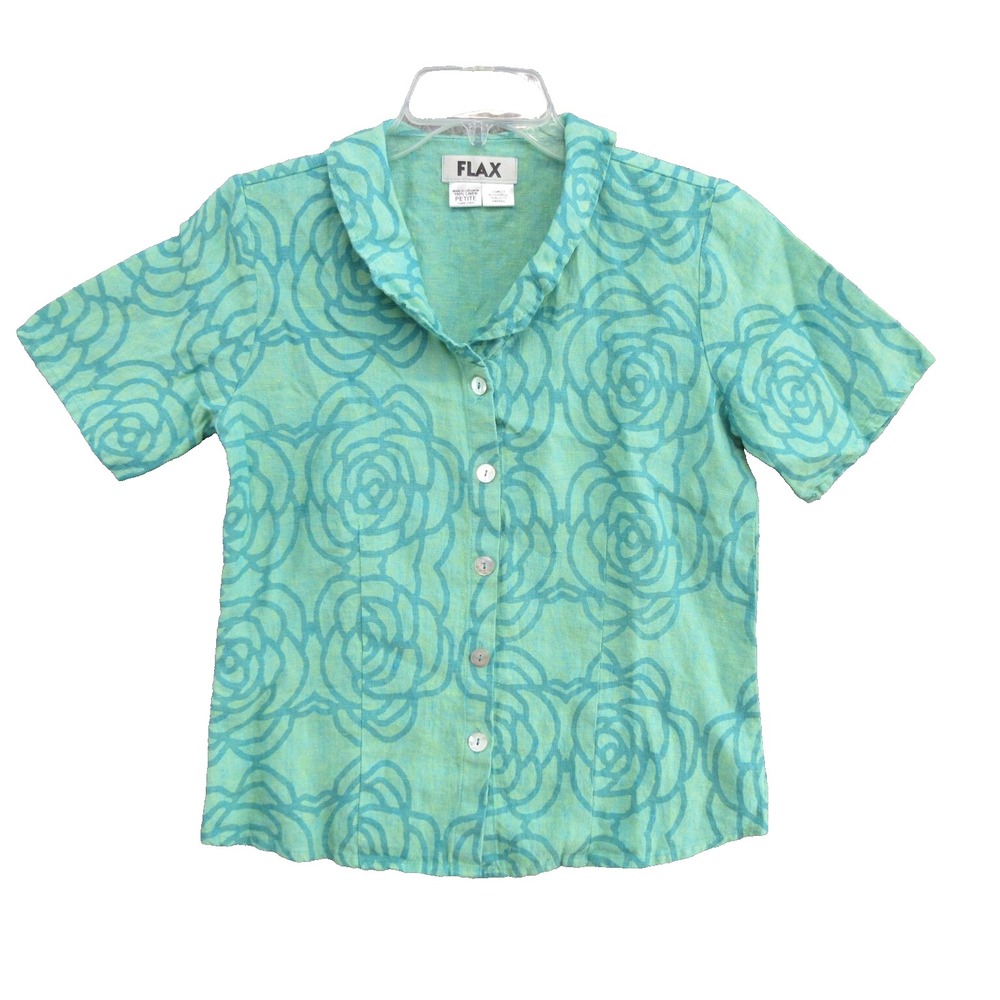 FLAX Designs Linen XS Corozo Buttons Collared Floral Printed Short Sleeve New